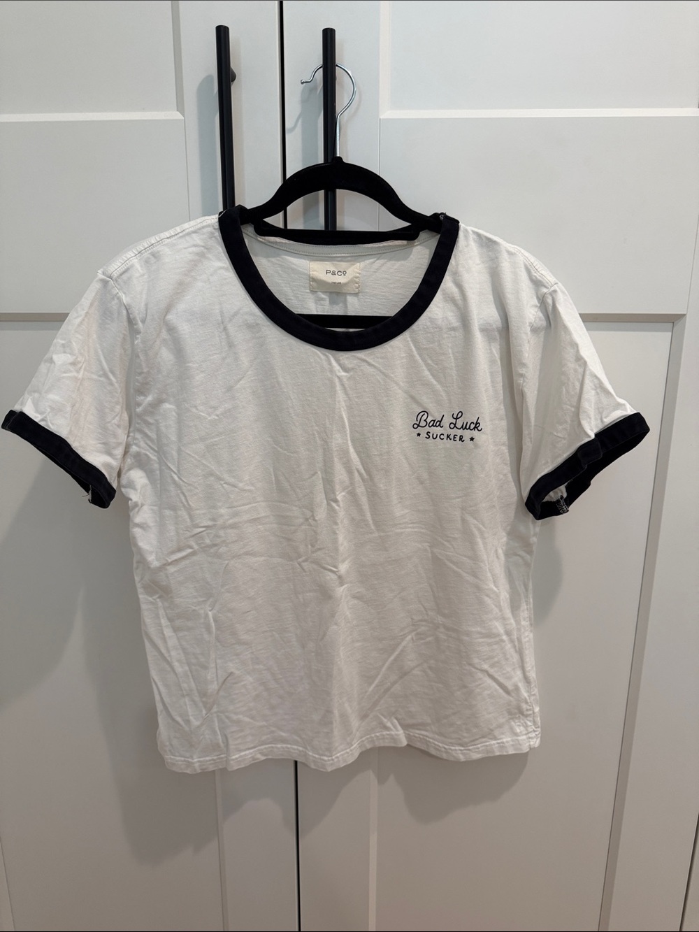 P&Co White & Black Ringer Tee - "Bad Luck Sucker"